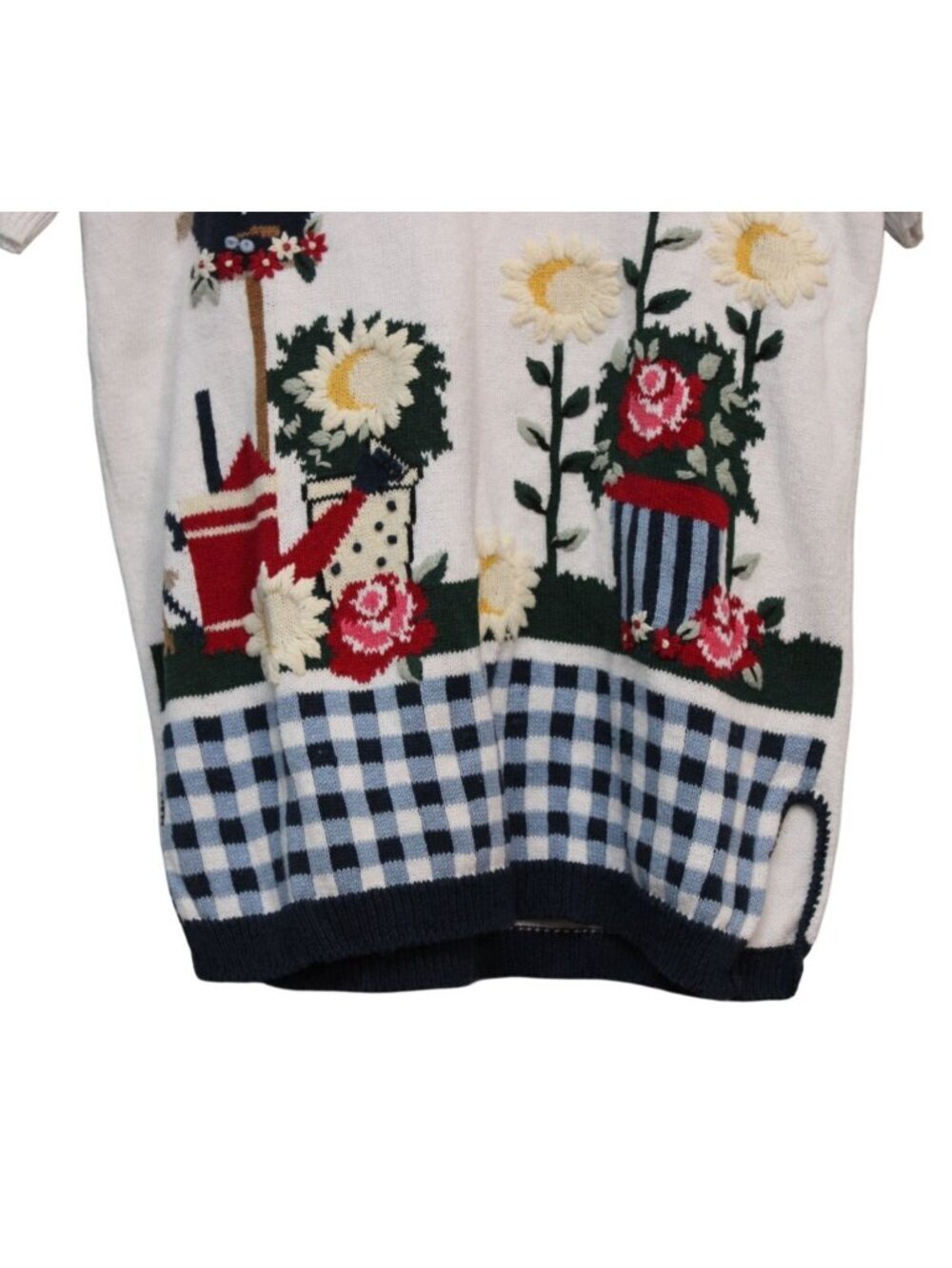 Vintage Knit Sweater Medium Embroidered Floral Grandma Cottagecore Ramie Gingham - Picture 3 of 11